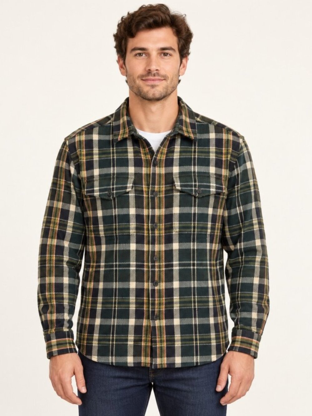 Roots Plaid Zip-Up Flannel Shirt Jacket Green Navy XL
